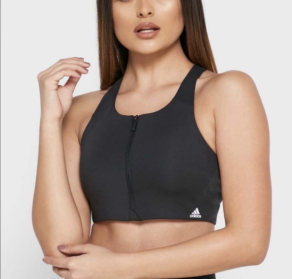Adidas Black Zip Front Sports Bra Women's 40E High Support Activewear Gym Top